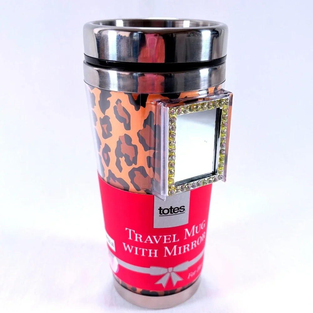 Totes Travel Mug Womens 14oz Orange Leopard Good Rhinestone Mirror Animal Print